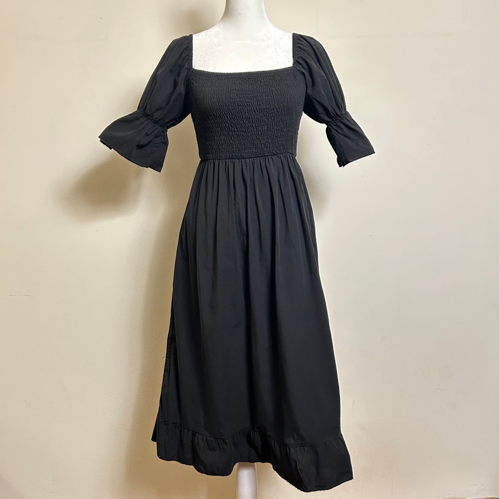Angashion Midi‎ Dress Black Smocked Puff Sleeve Cotton Small